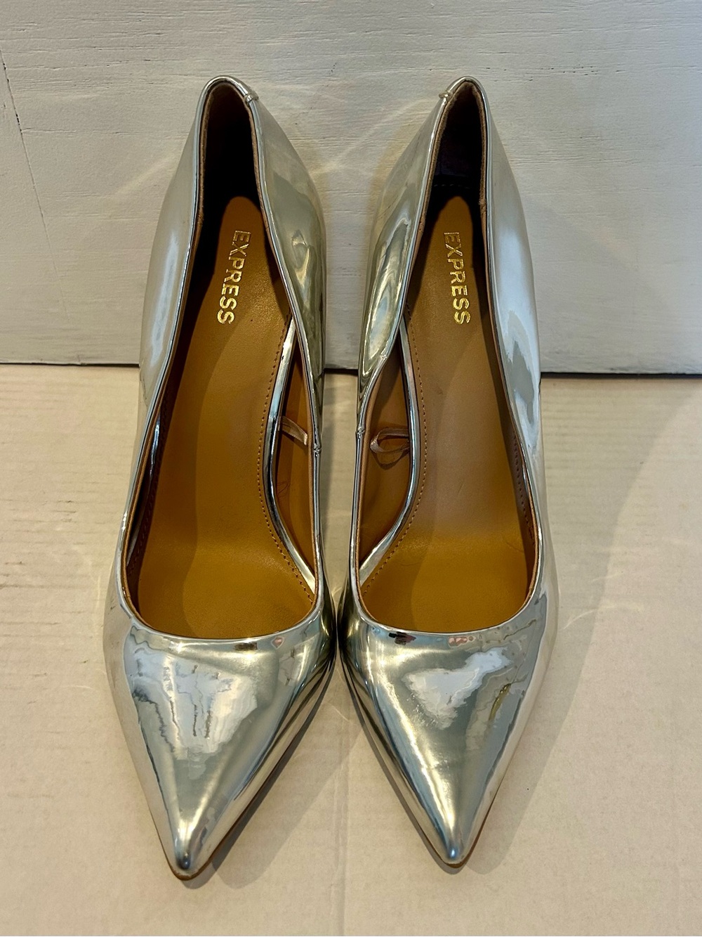 Express Silver Pointed Toe Pumps - Metallic Mirror Finish